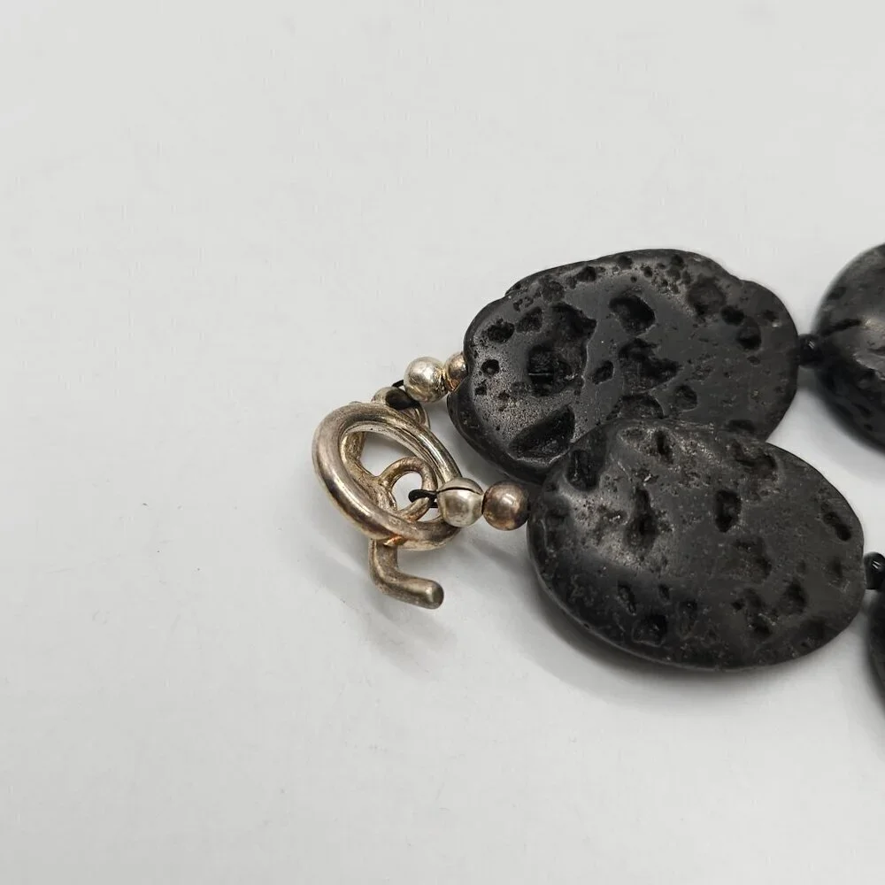 Chunky Black Lava Rock Beaded Necklace Sterling Toggle Clasp 16 Inches Long